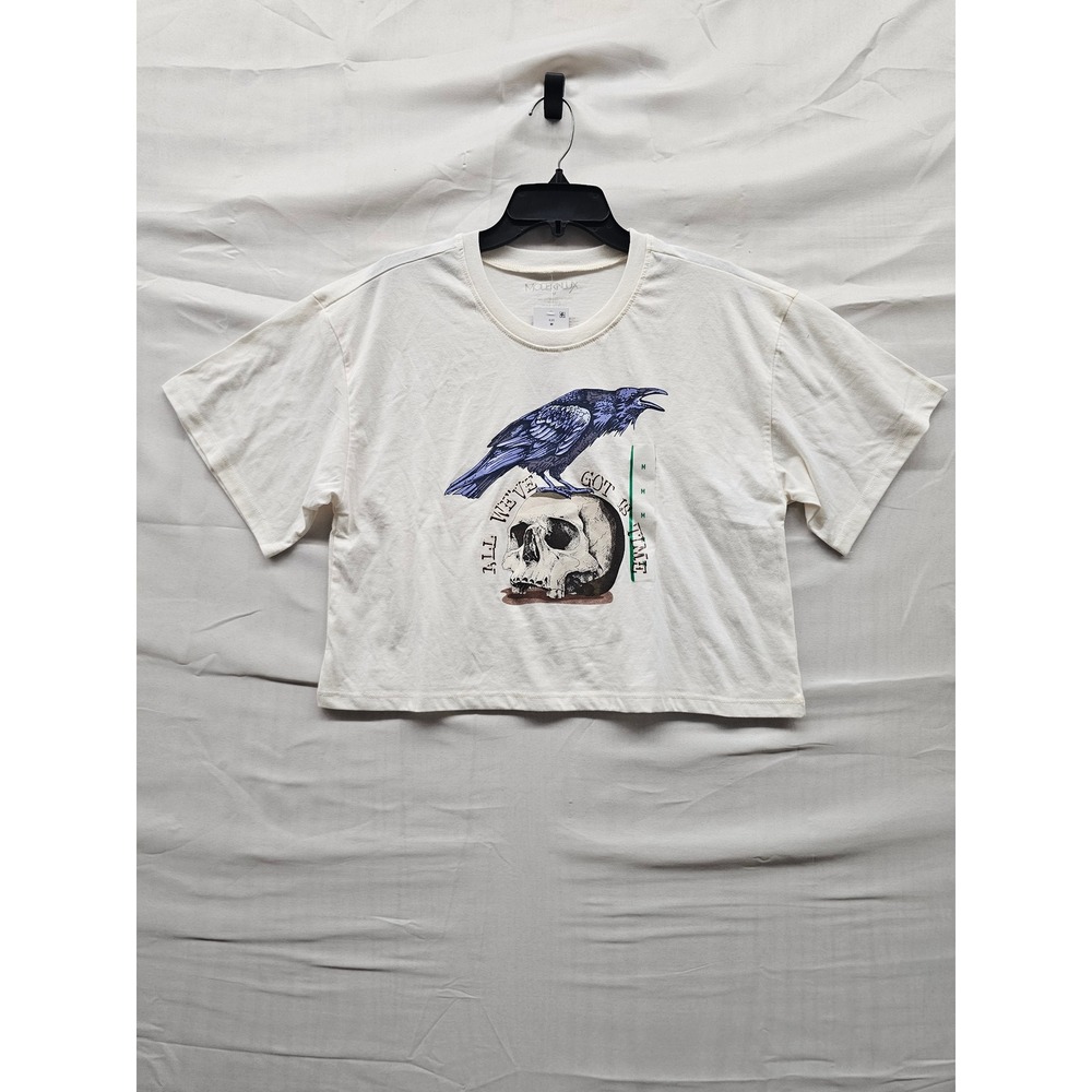 Modern Lux Womens Graphic Cropped T-Shirt White Cotton Blend Casual Size Medium